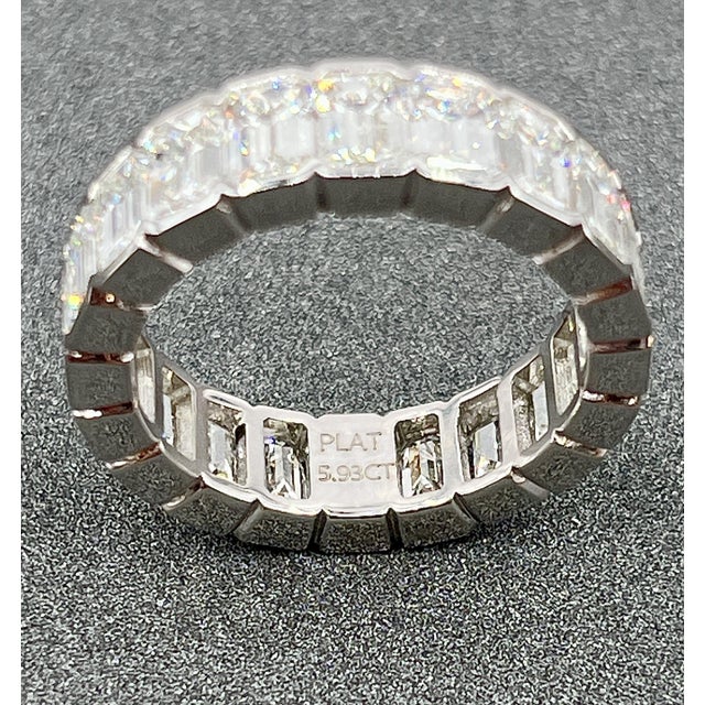 Metal 5.93 Ct Bezel Set Emerald Cut Eternity Ring Size 6.5 For Sale - Image 7 of 8