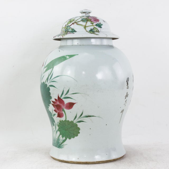 Chinese Antique Chinese Famille Rose Porcelain Ginger Jar With Lotus Pond and Water Lily Motif For Sale - Image 3 of 17