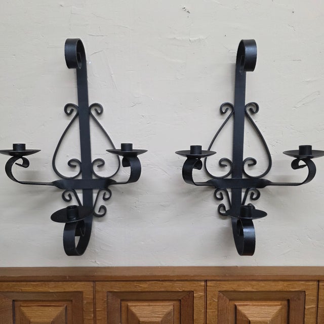 1960 Spanish Revival Three-Arm Wrought Iron Candle Sconces, Pair For Sale - Image 11 of 14