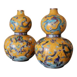 Massive Pair of Yellow Chinese Cloisonné on Copper Double Gourd Vases For Sale