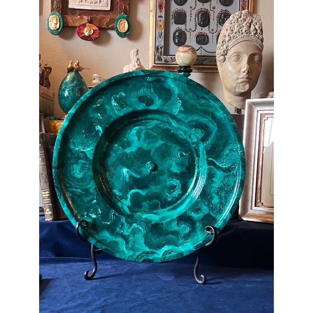 Art Deco Large Art Deco Faux Malachite Painted Decorative Vintage Plate Charger on Stand For Sale - Image 3 of 10
