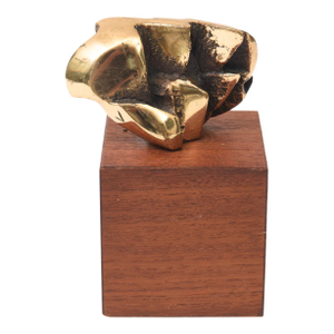 Vintage Signed Initaled Brass Bronze and Wood Small Abstract Sculpture