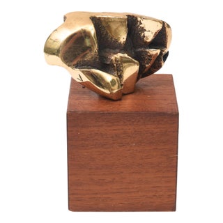 Vintage Signed Initialed Brass Bronze and Wood Small Abstract Sculpture, 1970's For Sale