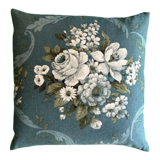 Sanderson Country House Moody Teal Floral Decorative Pillow With Down/Feather Insert For Sale
