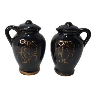 1940s Vintage Redware With Black Glaze Jug Shaped Salt & Pepper Shakers For Sale