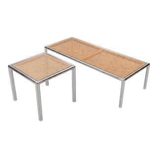 1970’s Tubular Chrome and Cane Attributed to Milo Baughman for Design Institute Coffee Table and End Table (Set) For Sale