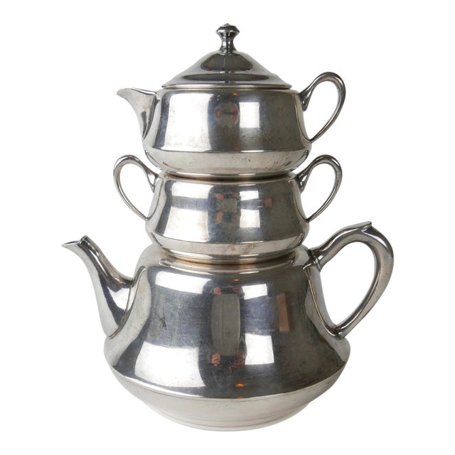 Vintage 'Crescent' Silverplate Stacking Teapot, Creamer & Sugar Bowl by