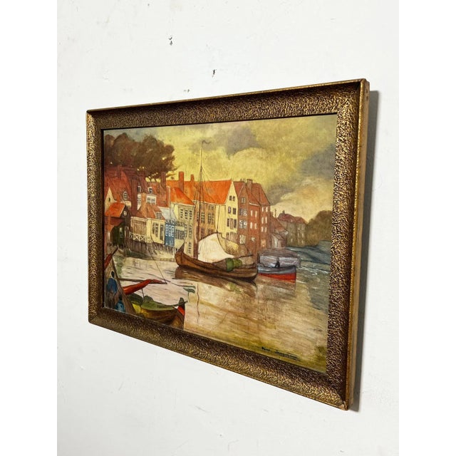 Paint Circa Early 20th Century Nico Jungmann Art Nouveau Style Painting of Dutch Boats For Sale - Image 7 of 9