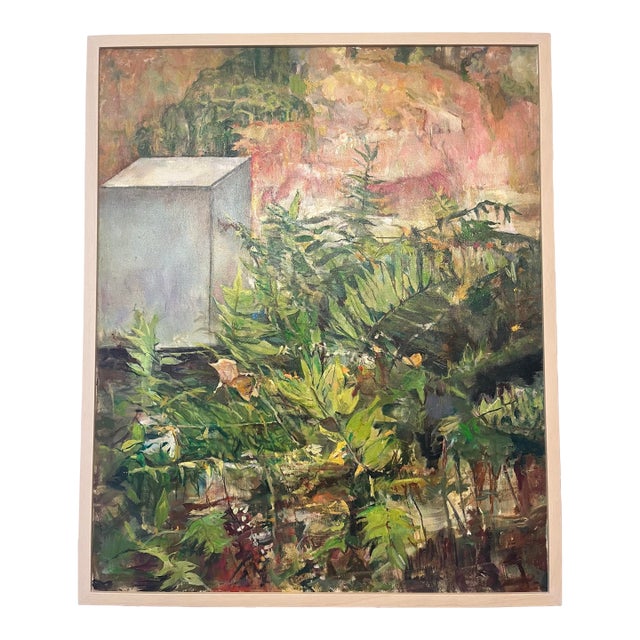 Late 20th Century Vintage Garden With Box Oil Painting For Sale