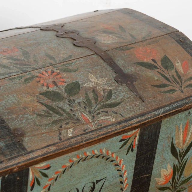 Blue Early 19th Century Original Blue Painted Swedish Dome Top Oak Trunk Dated 1827 For Sale - Image 8 of 14