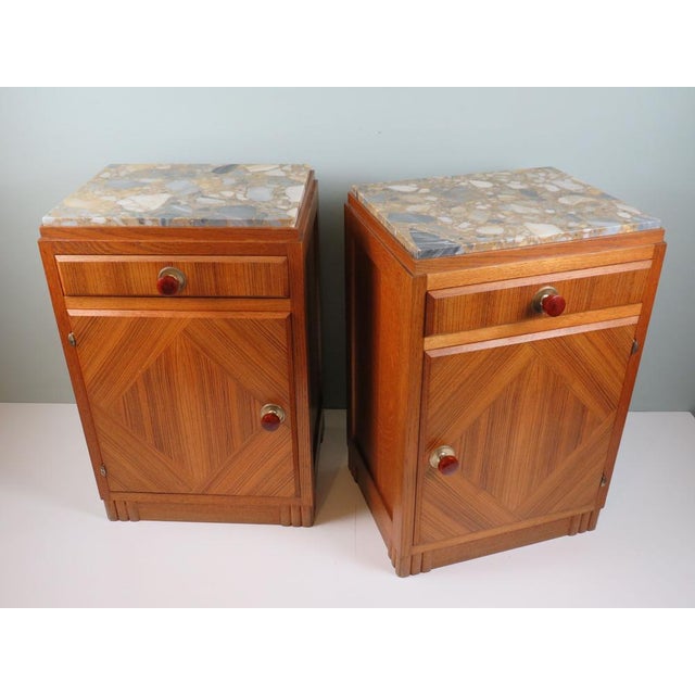 French Art Deco Oak Bedside Cabinets with Inset Marble Tops, 1930s, Set of 2 For Sale - Image 3 of 12