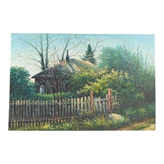 Vintage Original Landscape Painting of a Rustic Cottage & Garden, Signed For Sale
