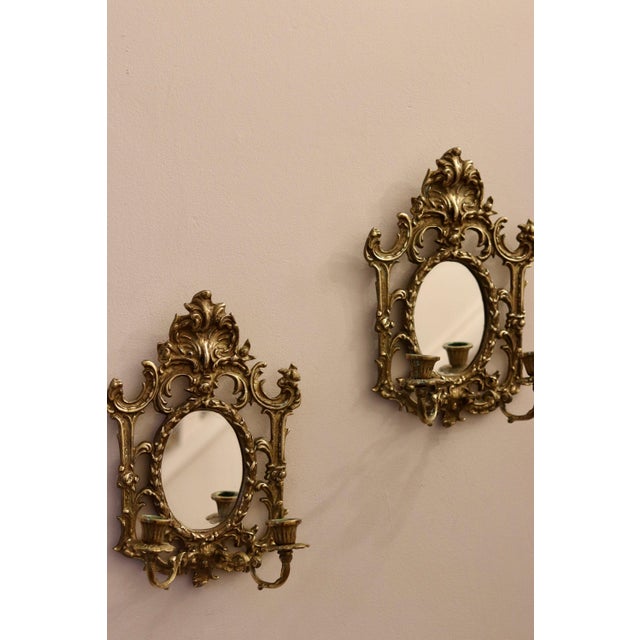 Antique Brass Sconces with Mirrors, Set of 2 For Sale - Image 9 of 10