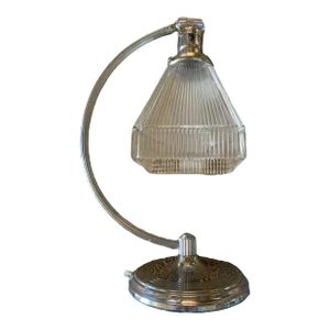 1930s Original Chrome Plated Art Deco Table Lamp With Square Ribbed Holophane Shade