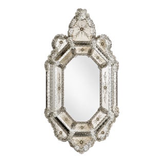 Venetian Octagonal Murano Glass Mirror With Hand-Engraved Details For Sale