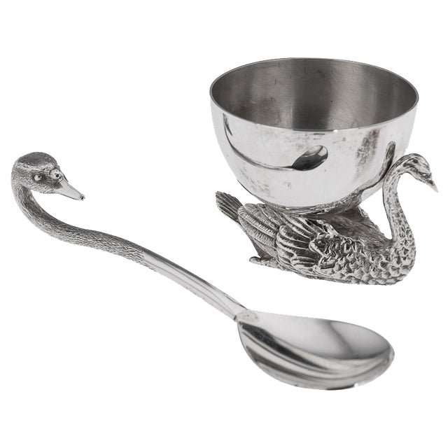 20th Century Silver Swan Shaped Salt & Spoon, London, 1992, Set of 2 For Sale