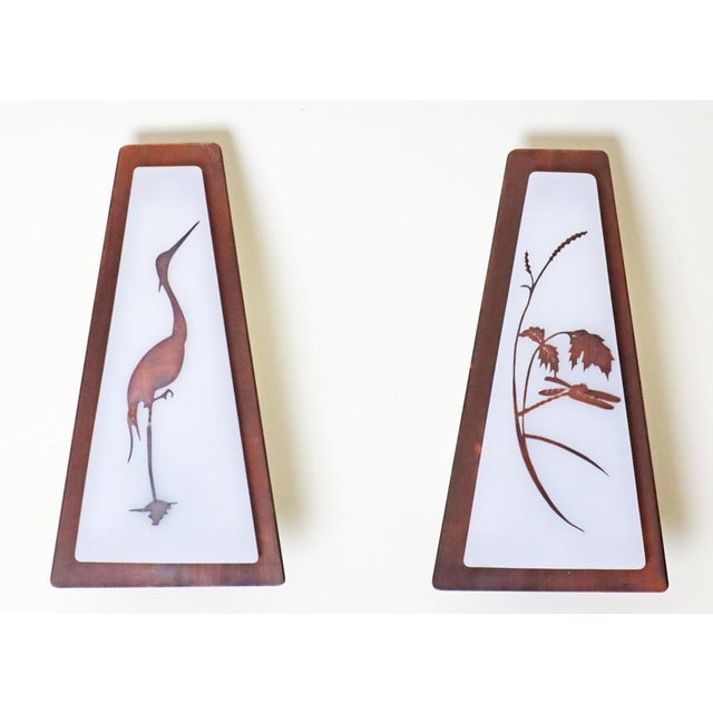 Mid-Century Modern Copper and Acrylic Glass Wall Lights with Heron & Dragonfly, 1950s, Set of 2 For Sale - Image 3 of 17