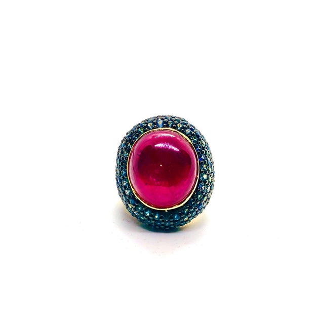 Gemstone Bochic “Orient” Vintage Ruby & Blue Sapphire Ring Set In 18 K Gold & Silver For Sale - Image 7 of 12