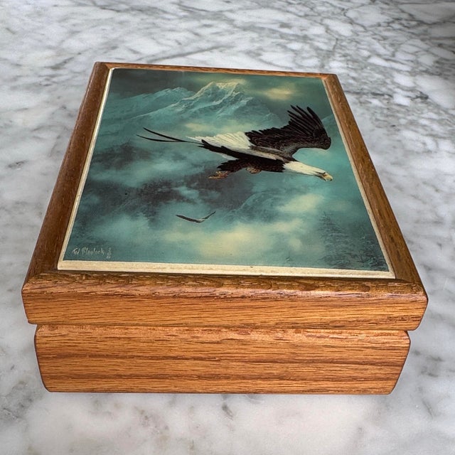 Wood Solid Wood Jewelry Box With Bald Eagle Tile Top, Signed by Artist Ted Blaylock, 1986, Red Felt Interior For Sale - Image 7 of 9