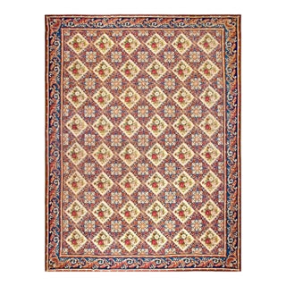 1850s Blue Floral Diamond Antique European Needlepoint Rug 12'8" X 14'0" Handwoven Wool Carpet For Sale