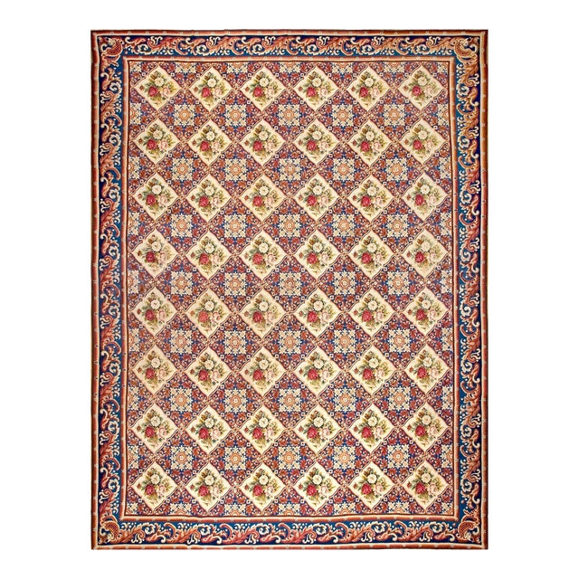 1850s Blue Floral Diamond Antique European Needlepoint Rug 12'8" X 14'0" Handwoven Wool Carpet For Sale