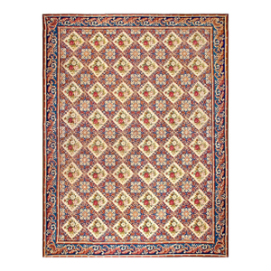 1850s Blue Floral Diamond Antique European Needlepoint Rug 12'8" X 14'0" Handwoven Wool Carpet