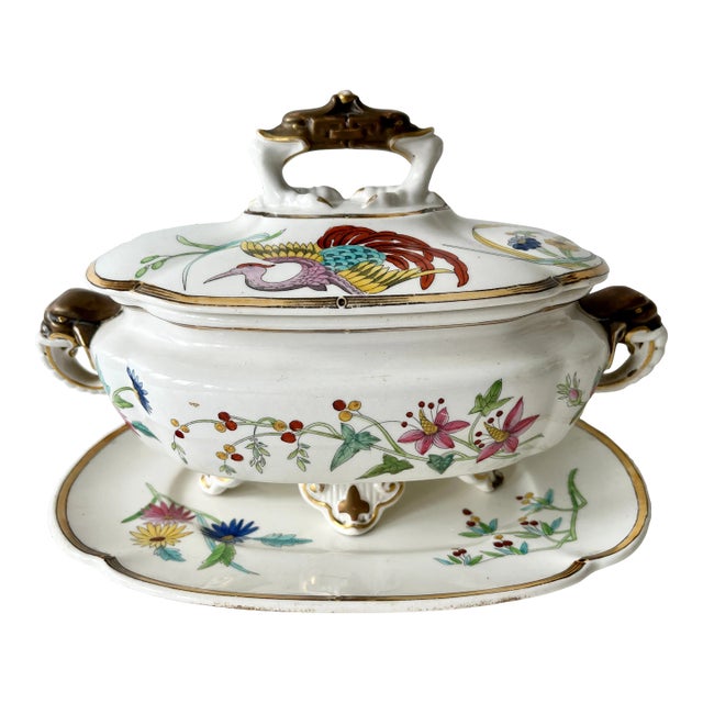 1874 Royal Worchester Porcelain Tureen With Elephant and Tropical Motifs English Serving Vessel For Sale