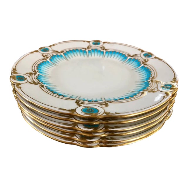 Early 20th Century Tiffany & Co Hand-Painted Floral Scalloped Dinner Plates — Mintons Made in England- Set of 6 For Sale