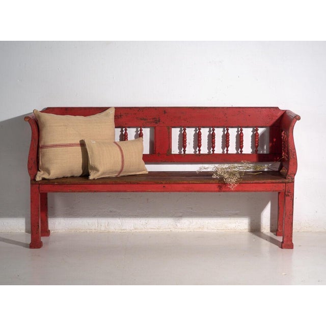 Antique Painted Pine Bench with Turned Back, Central Europe, 1900 For Sale - Image 9 of 11