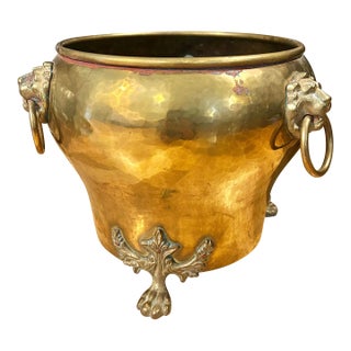 Antique Solid Brass Cache Pot With 3 Lions Head Rings and Paw Feet For Sale