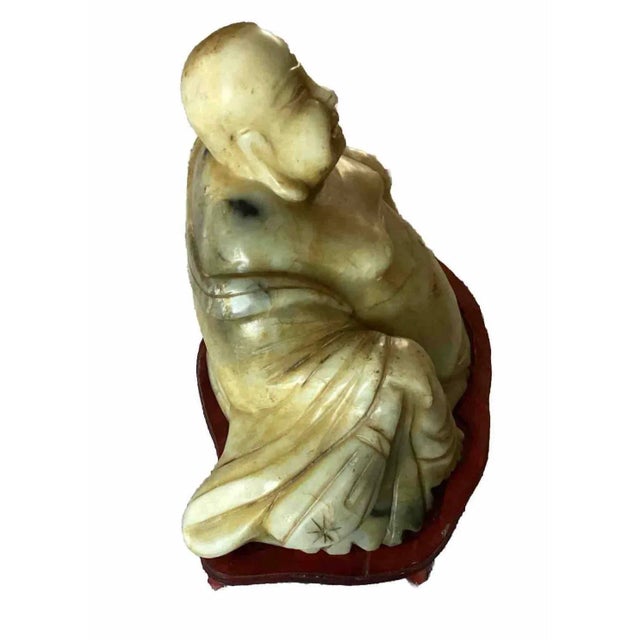 Monumental Antique Chinese Jade-Like Happy Buddha Sculpture on Custom Wooden Base, One-Piece Hand-Carved Jade | Symbol of Prosperity & Joy For Sale - Image 9 of 12