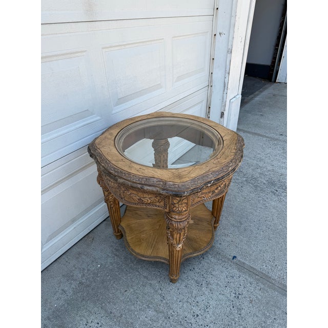 French Late 20th Century French Louis XVI Style Carved Wood & Marble Glass Top Round Side Table For Sale - Image 3 of 11