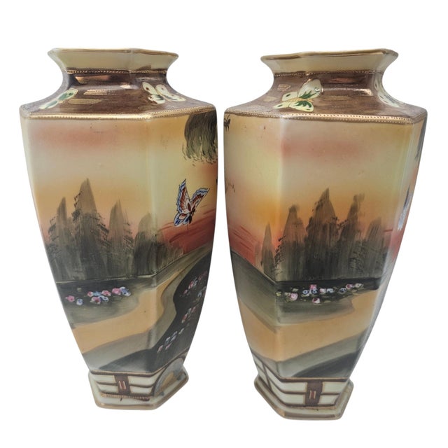 Early 20th Century Pair Antique Nippon Imperial Mark Hand Painted Landscape Vases Moriage Gilt Porcelain 9.5” For Sale - Image 5 of 18