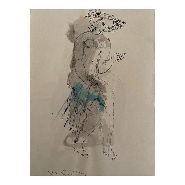 Madeleine Scellier, Figure, China Ink and Watercolor, 1955 For Sale