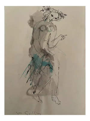 Madeleine Scellier, Figure, China Ink and Watercolor, 1955