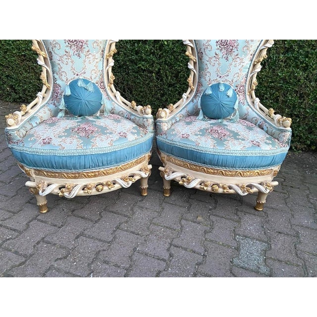 French 1970 Louis XVI White Beech Turquoise Lounge Chairs-Pair For Sale - Image 3 of 12