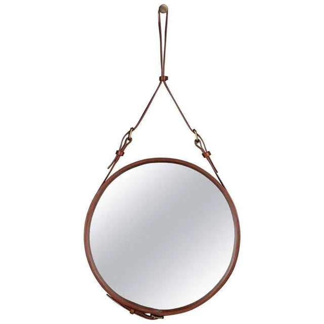 Jacques Adnet Small Circulaire Mirror With Brown Leather For Sale - Image 10 of 10
