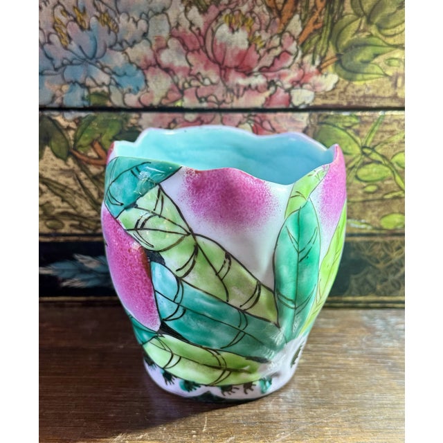 Mid 20th Century Vintage Mid-Century Chinese Famille Rose Longevity Peach Porcelain Cup or Brush Pot For Sale - Image 5 of 7