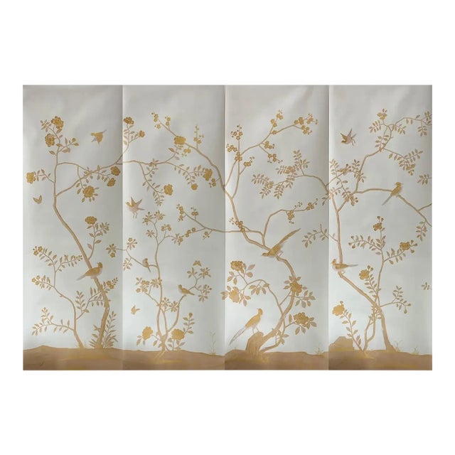 Chinoiserie Floral Mural Hand Painted Wallpapers - 4 Panels For Sale