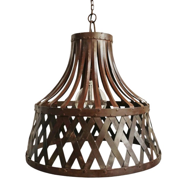 Vintage Iron Basket Strap Pendant Light For Sale