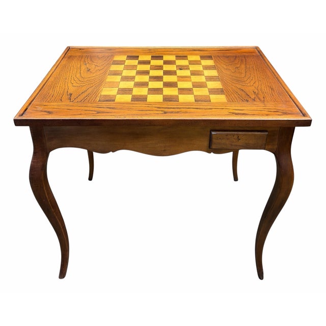 Louis XV Style Marquetry Chess & Backgammon Game Table. Features removable & reversible top and two drawers.