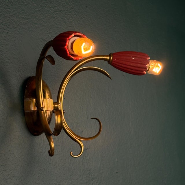 Vintage Italian Red Brass Wall Sconces, 1950s, Set of 2 For Sale - Image 15 of 18