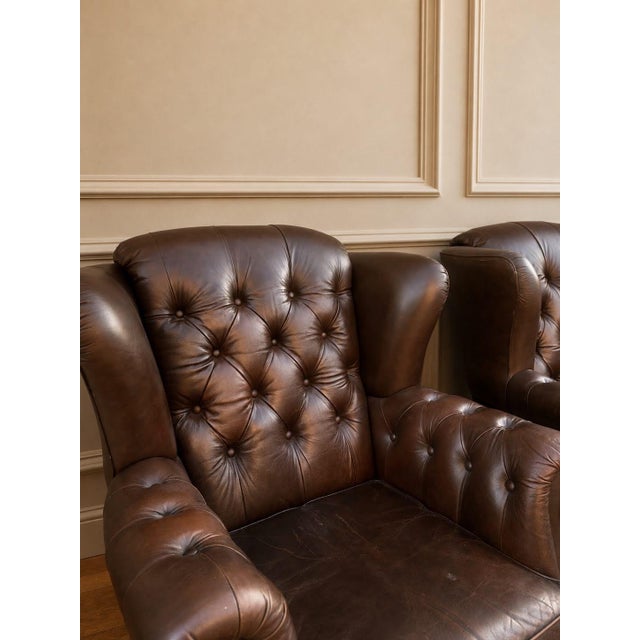 1960s Pair of Mid-Century European Chesterfield-Style Tufted Leather Lounge Chairs, Circa 1960s For Sale - Image 5 of 7