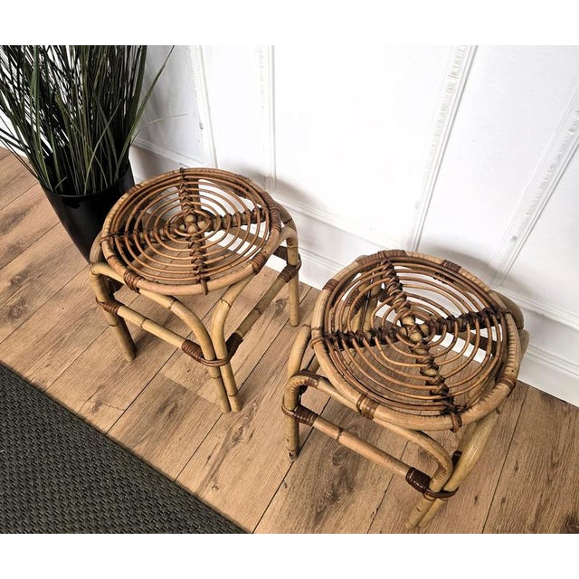 1960s Bohemian French Riviera Italian Bamboo Rattan Stool, 1960s, Set of 2 For Sale - Image 5 of 8