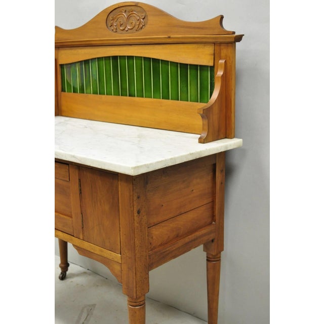 Antique English Arts & Crafts Birch Wood Green Tile Backsplash Washstand Server For Sale - Image 16 of 18
