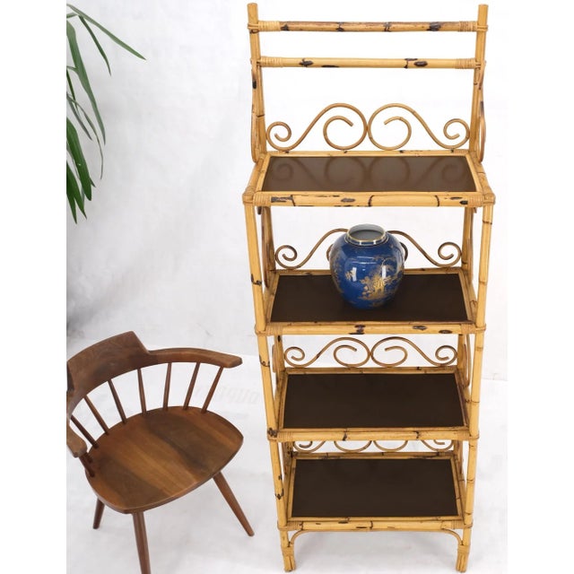 Brown Rattan Burned Bamboo Decorative Scrolls 4 Tier Shelf Bookcase Etagere 1970s For Sale - Image 8 of 13
