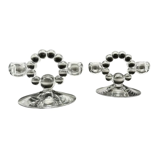 Vintage Double Light Candlestick Holders Candlewick Clear Blown Glass a Pair For Sale