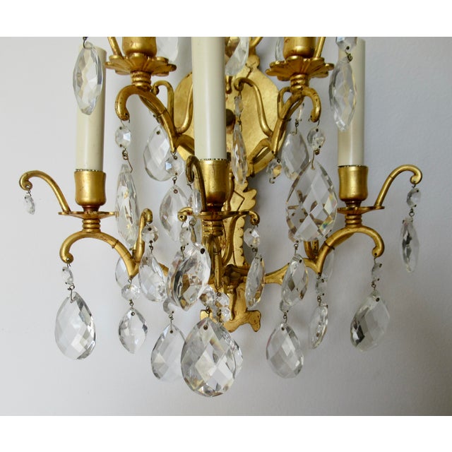 Late 19th Century French Victorian -Style, Gilded Gold & Crystal Drop 5--Candelabra Wall Light Sconces - Pair For Sale - Image 10 of 17
