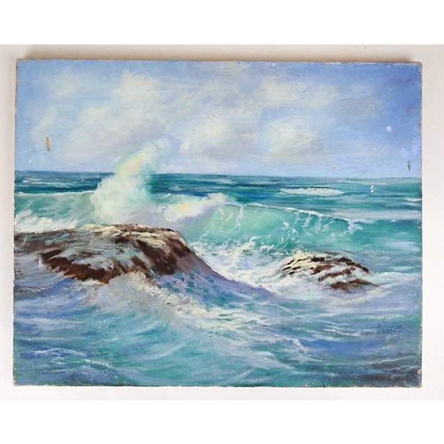 Textile Vintage Mid 20th Century Rocky Seascape Painting For Sale - Image 7 of 8