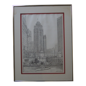 Chicago Tribune Building Framed Black and White Illustration Reproduction Print by Albert Richardson Vintage 70s